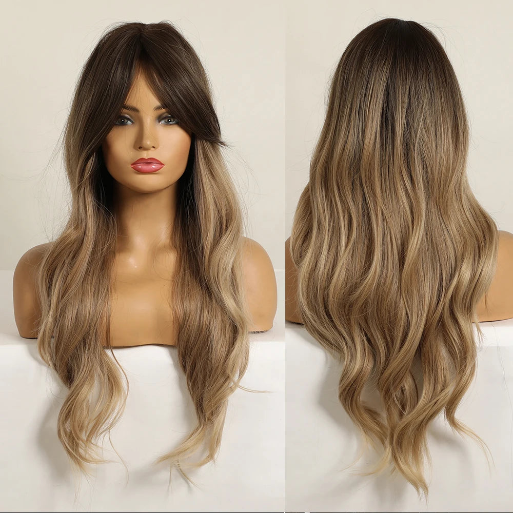 Ombre Brown Synthetic Water Wavy Wigs With bang