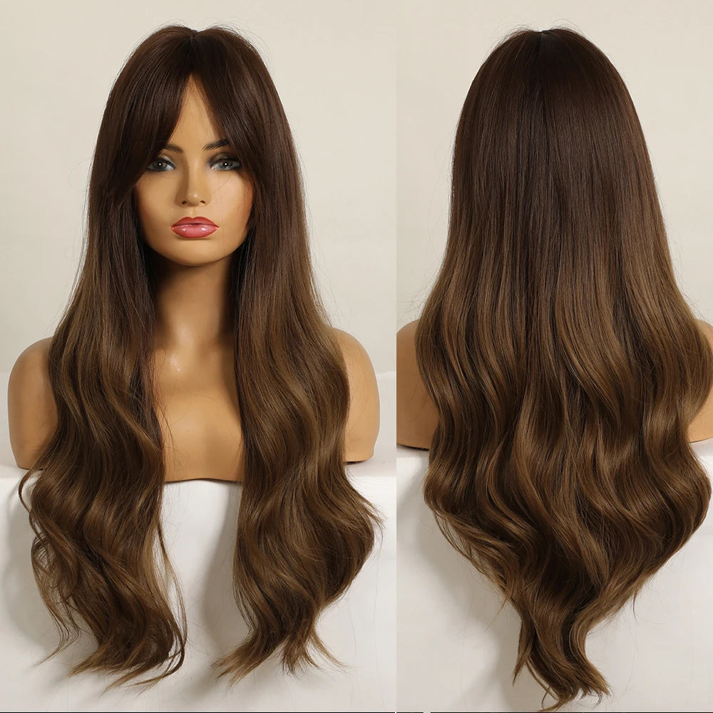 Ombre Brown Synthetic Water Wavy Wigs With bang