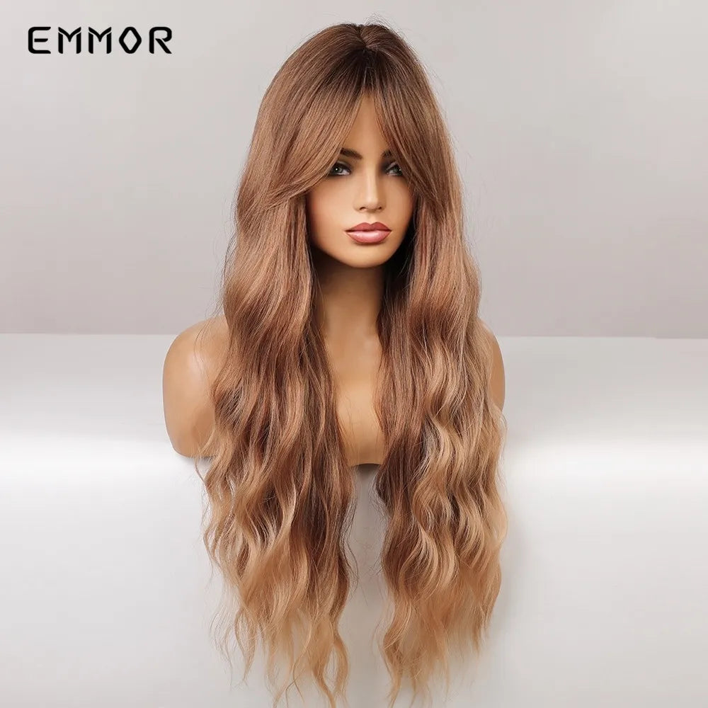 Ombre Brown Blonde Synthetic Water Wavy Wig with bang