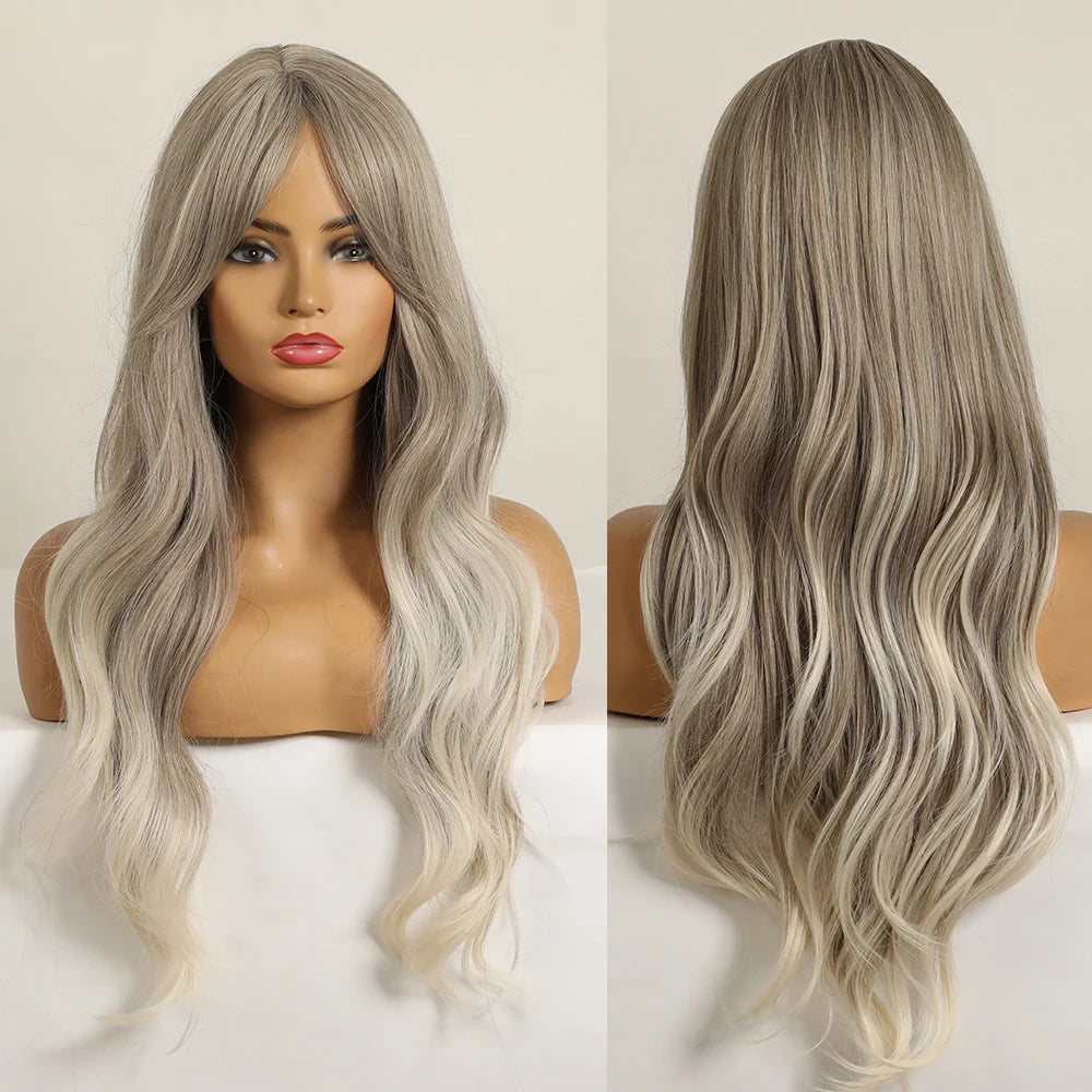 Ombre Brown Synthetic Water Wavy Wigs With bang