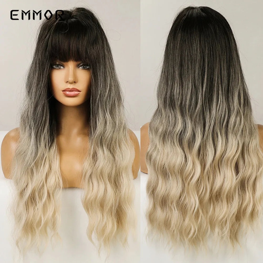 Ombre Brown Synthetic Water Wavy Wigs With bang