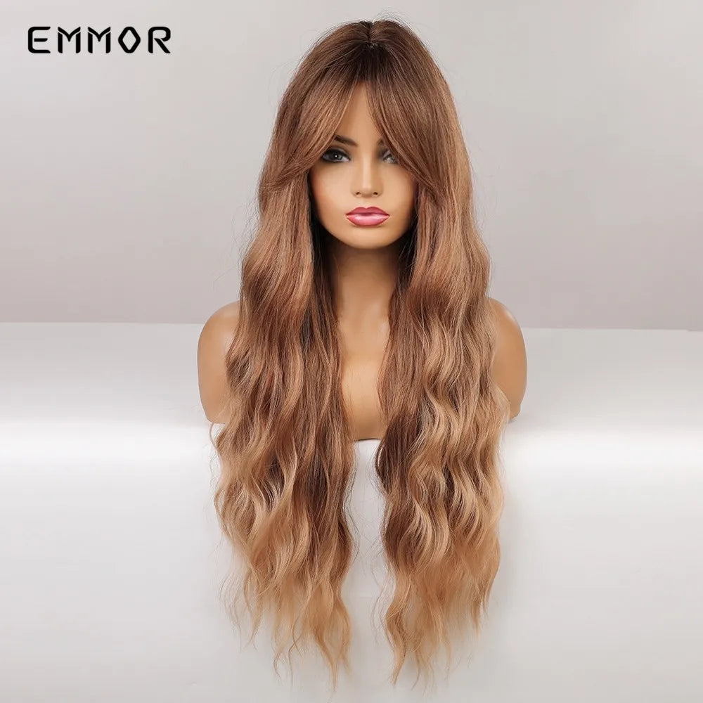 Ombre Brown Synthetic Water Wavy Wigs With bang