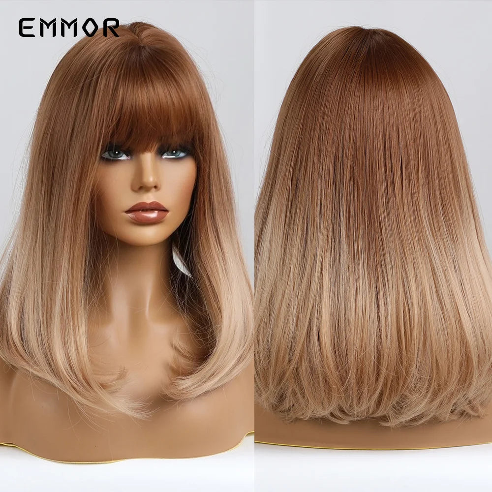 Ombre Black to Light Blonde Wig With Bangs
