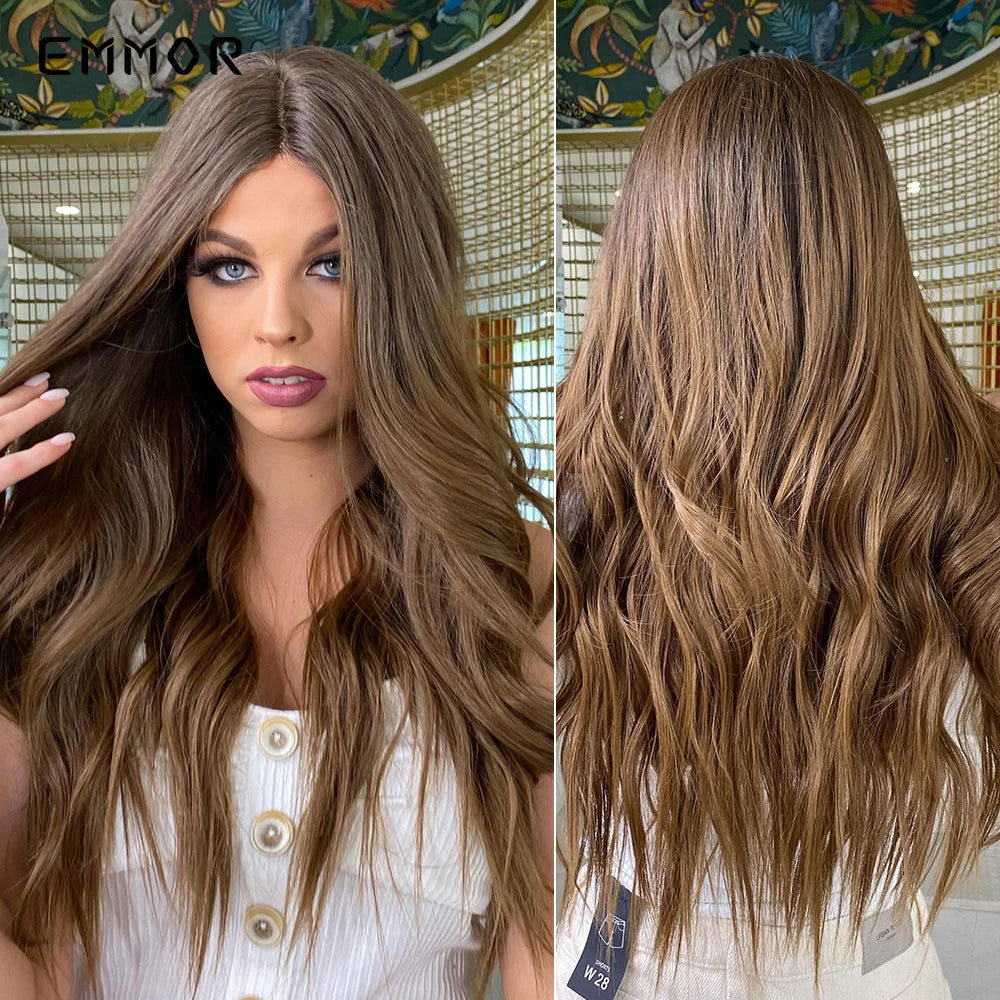 Emmor-Synthetic T-Part Lace Wig for Women, Long Wavy Ombre, Light Blonde to Brown, Fashion Side Part Nature, Daily Wigs