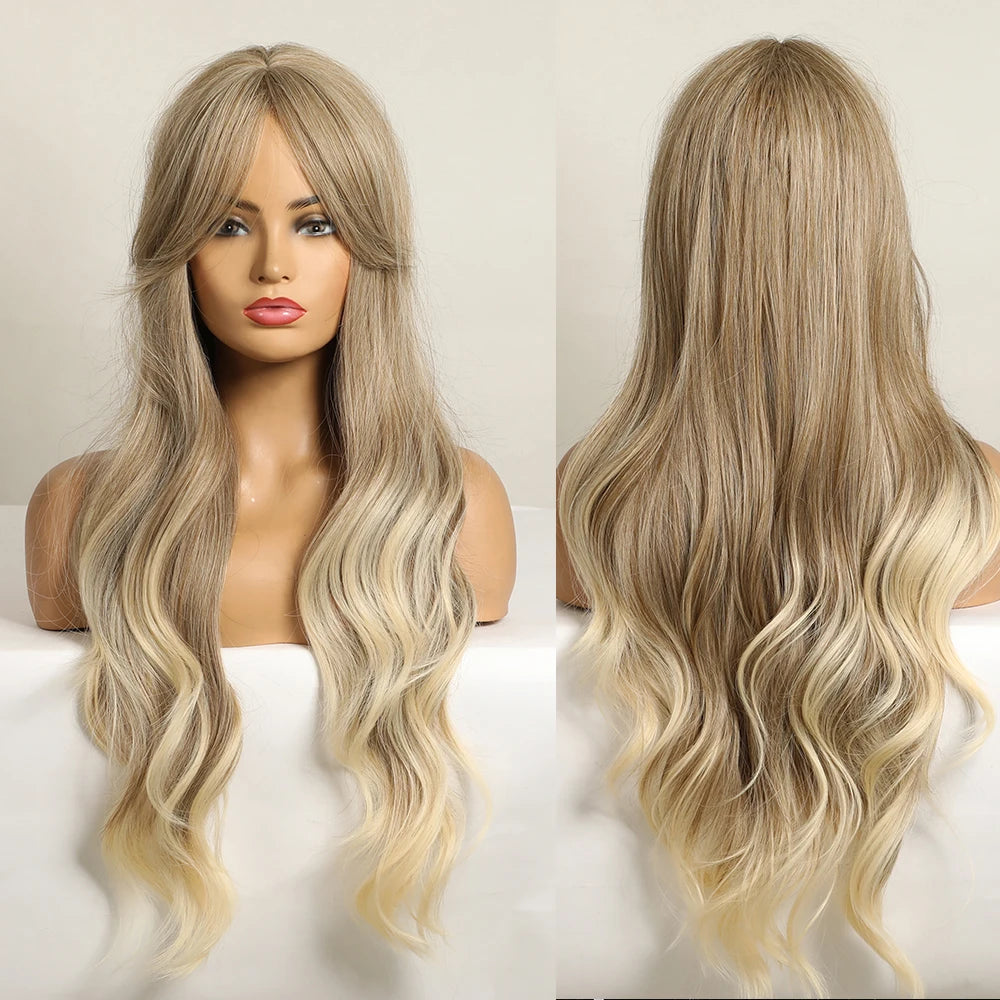 Ombre Brown Synthetic Water Wavy Wigs With bang
