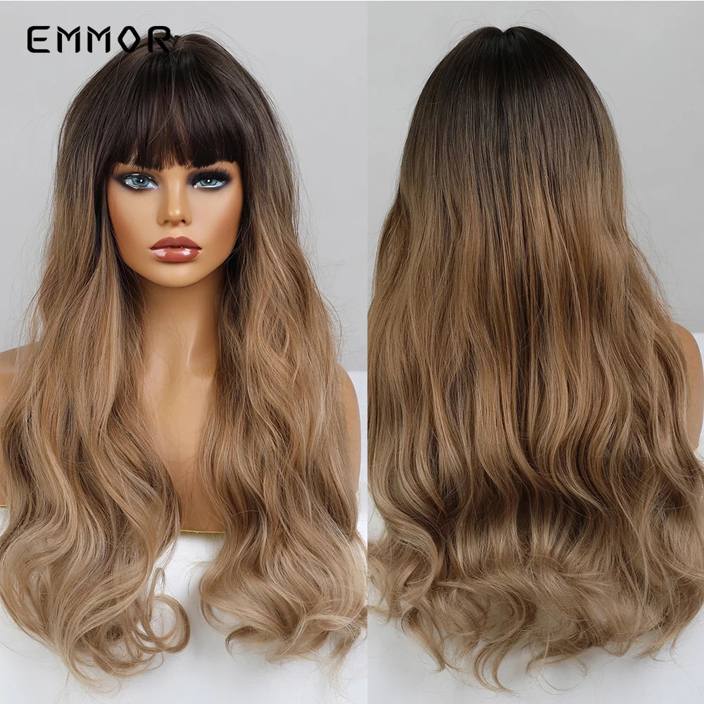 Ombre brown to Light Blonde Hair Wig with Bangs