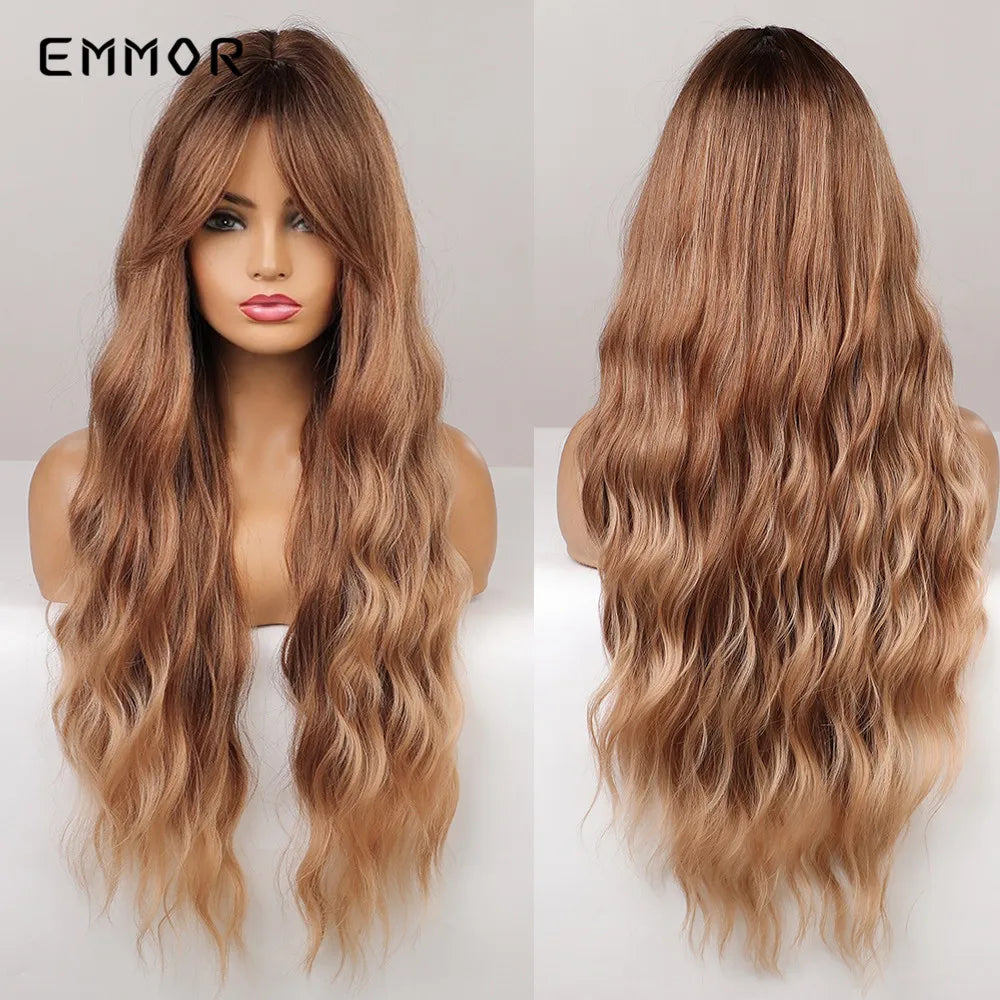 Ombre Brown Synthetic Water Wavy Wigs With bang
