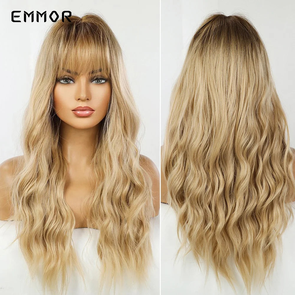Ombre Brown Synthetic Water Wavy Wigs With bang