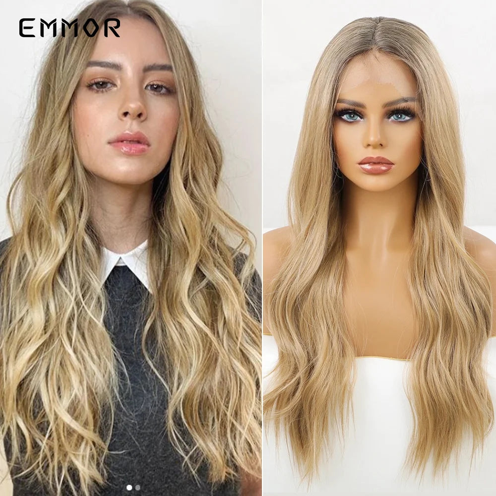 Emmor-Synthetic T-Part Lace Wig for Women, Long Wavy Ombre, Light Blonde to Brown, Fashion Side Part Nature, Daily Wigs