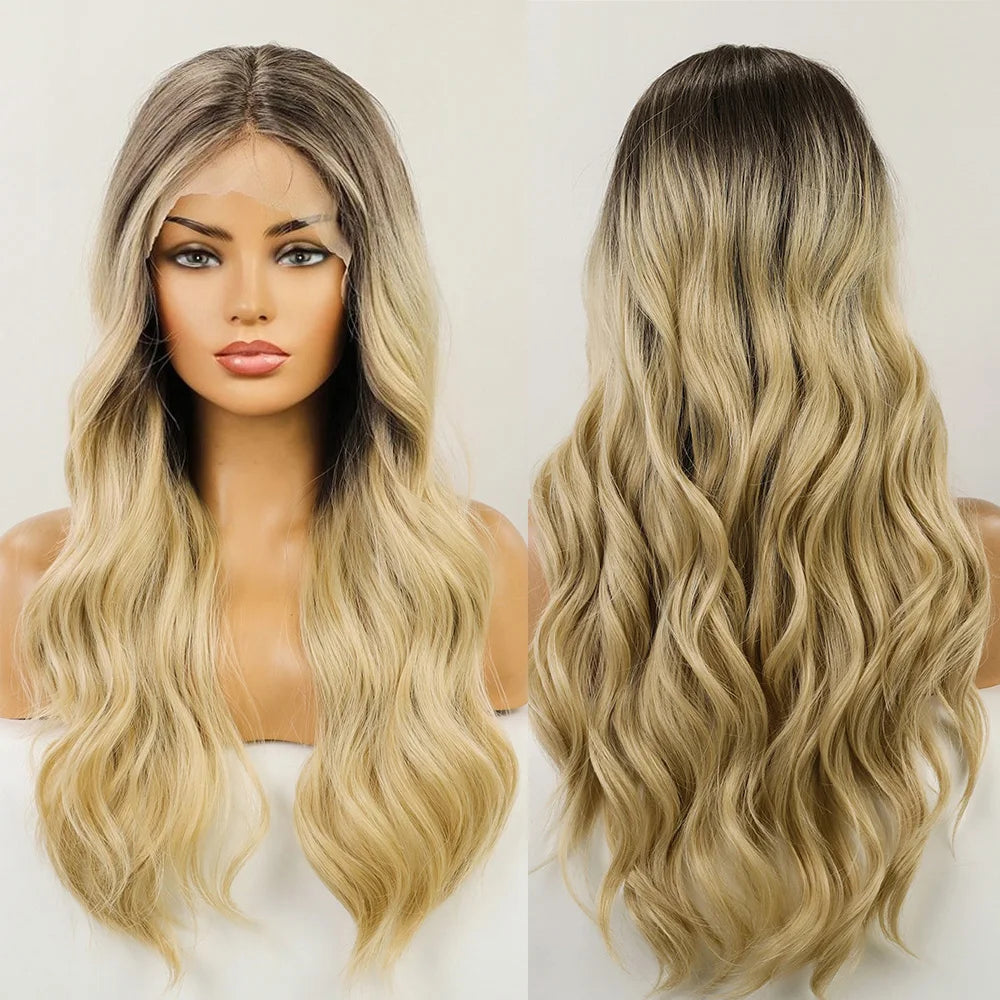 Emmor-Synthetic T-Part Lace Wig for Women, Long Wavy Ombre, Light Blonde to Brown, Fashion Side Part Nature, Daily Wigs
