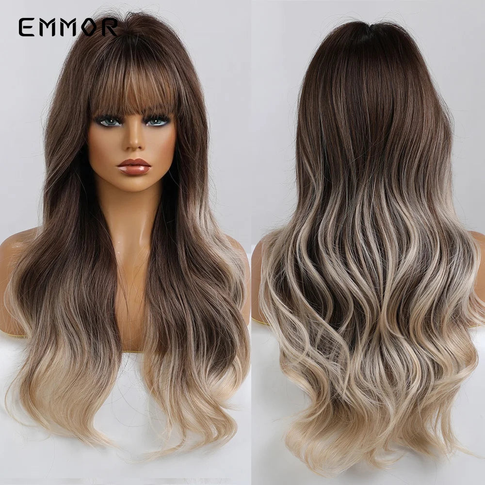 Ombre brown to Light Blonde Hair Wig with Bangs