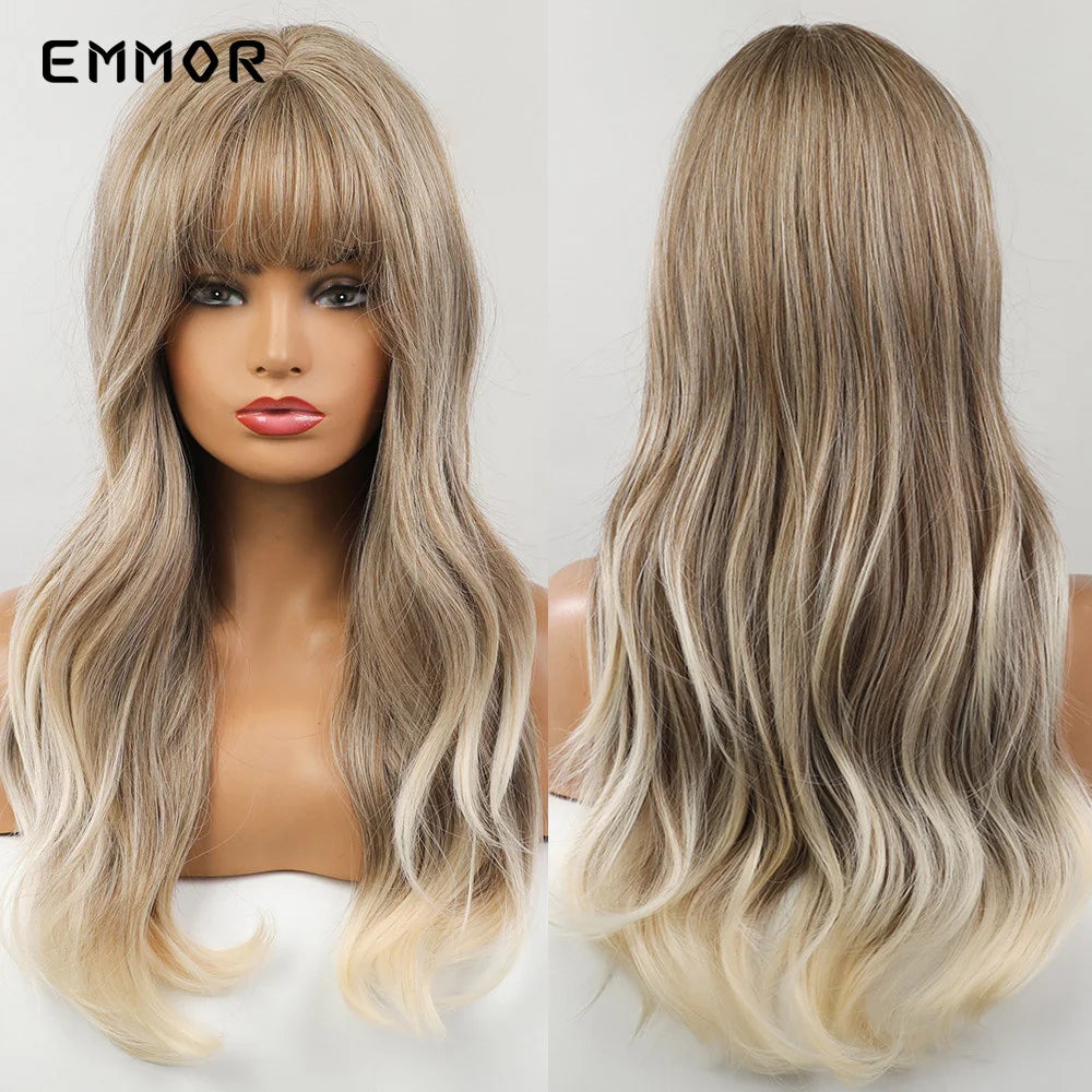 Ombre brown to Light Blonde Hair Wig with Bangs