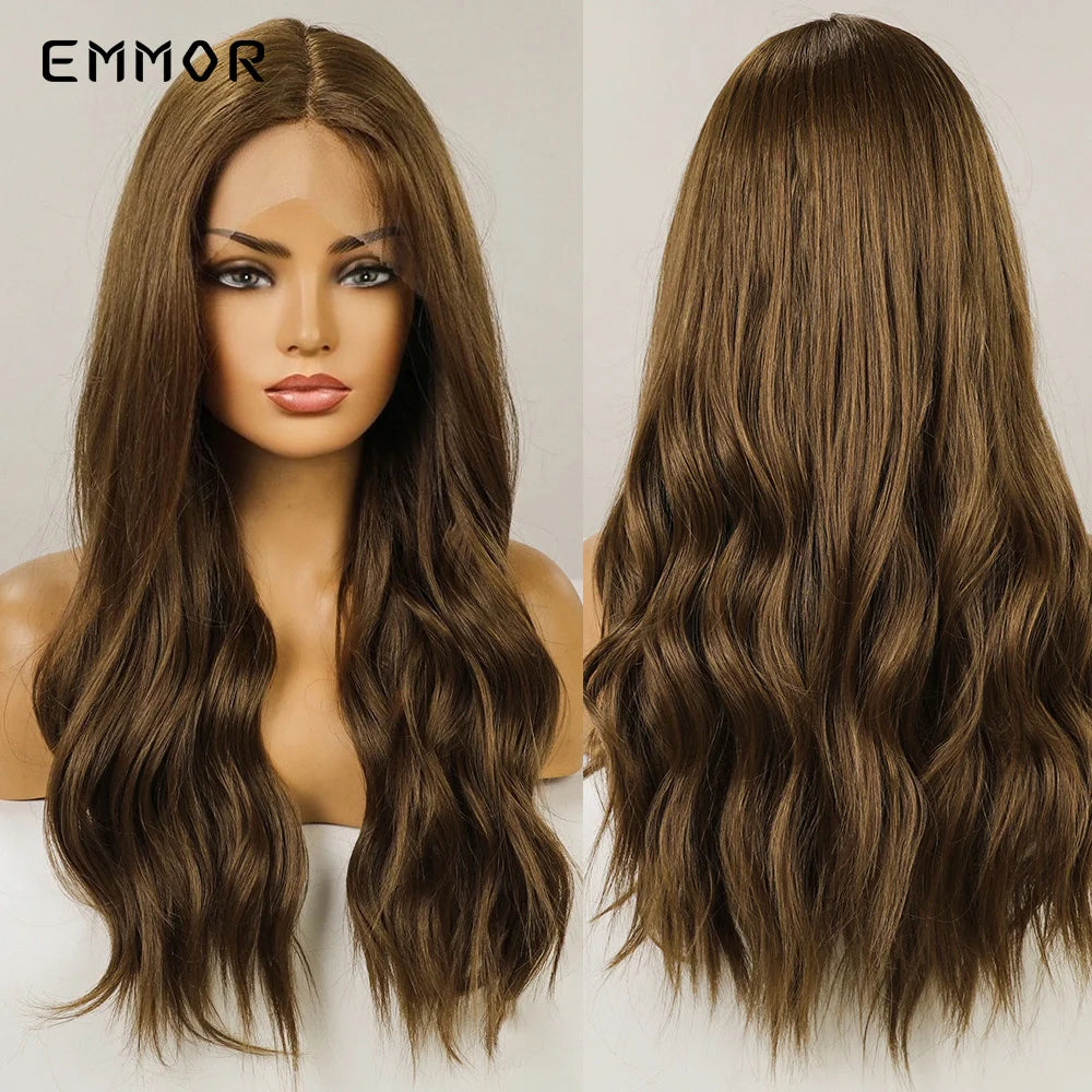 Emmor-Synthetic T-Part Lace Wig for Women, Long Wavy Ombre, Light Blonde to Brown, Fashion Side Part Nature, Daily Wigs