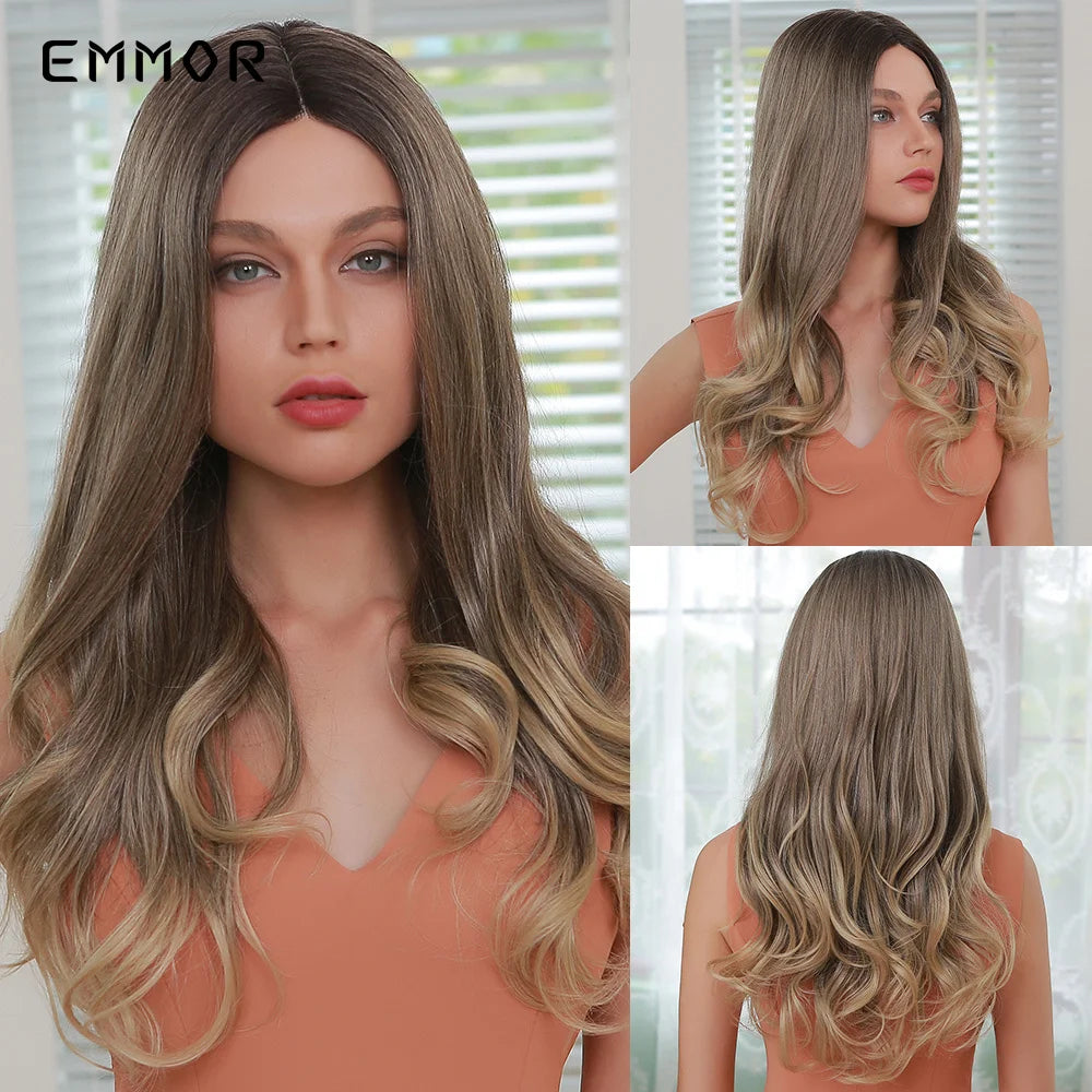 Emmor-Synthetic T-Part Lace Wig for Women, Long Wavy Ombre, Light Blonde to Brown, Fashion Side Part Nature, Daily Wigs
