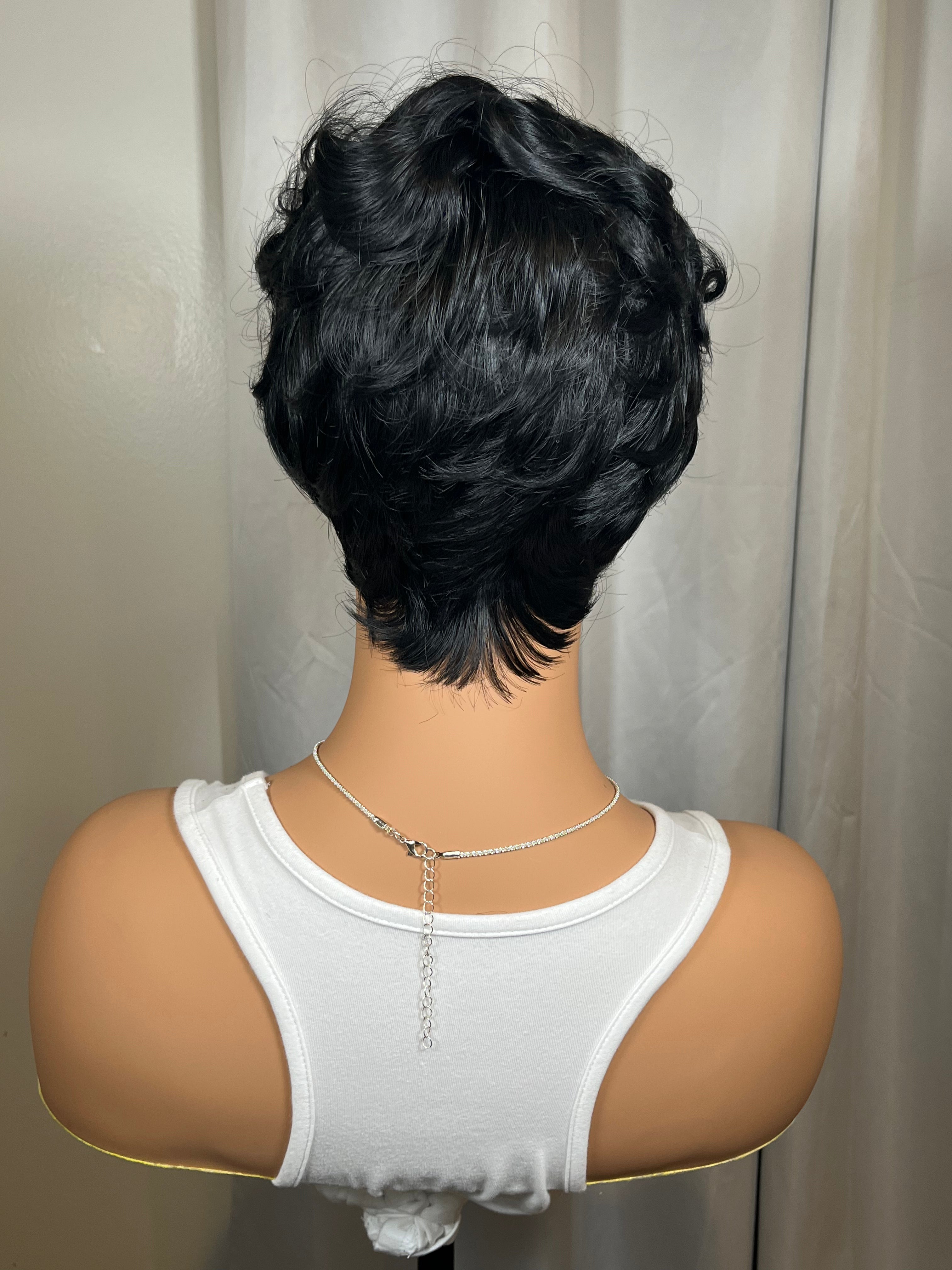 Black Pixie Cut Wig with Curly Bangs