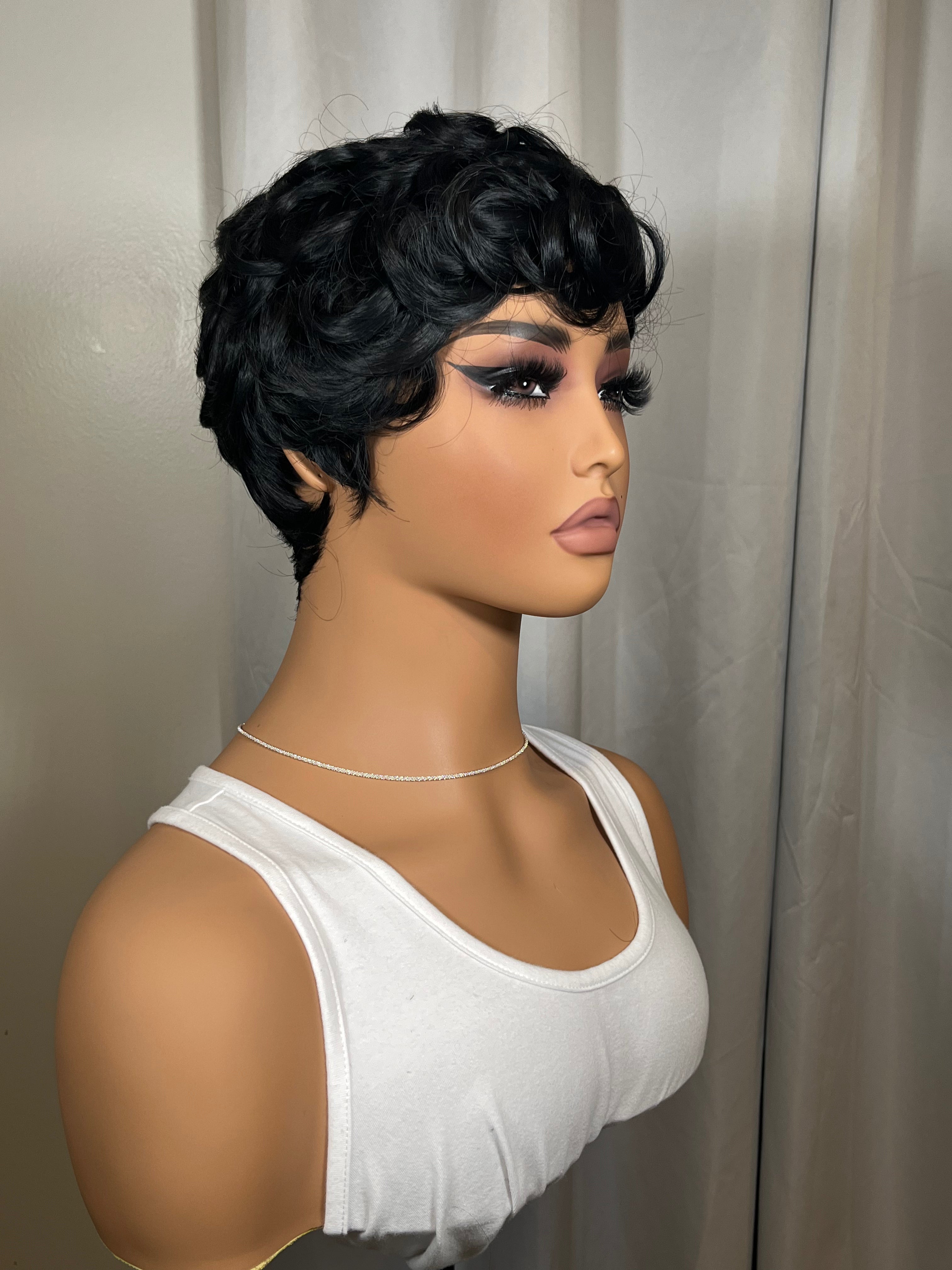 Black Pixie Cut Wig with Curly Bangs