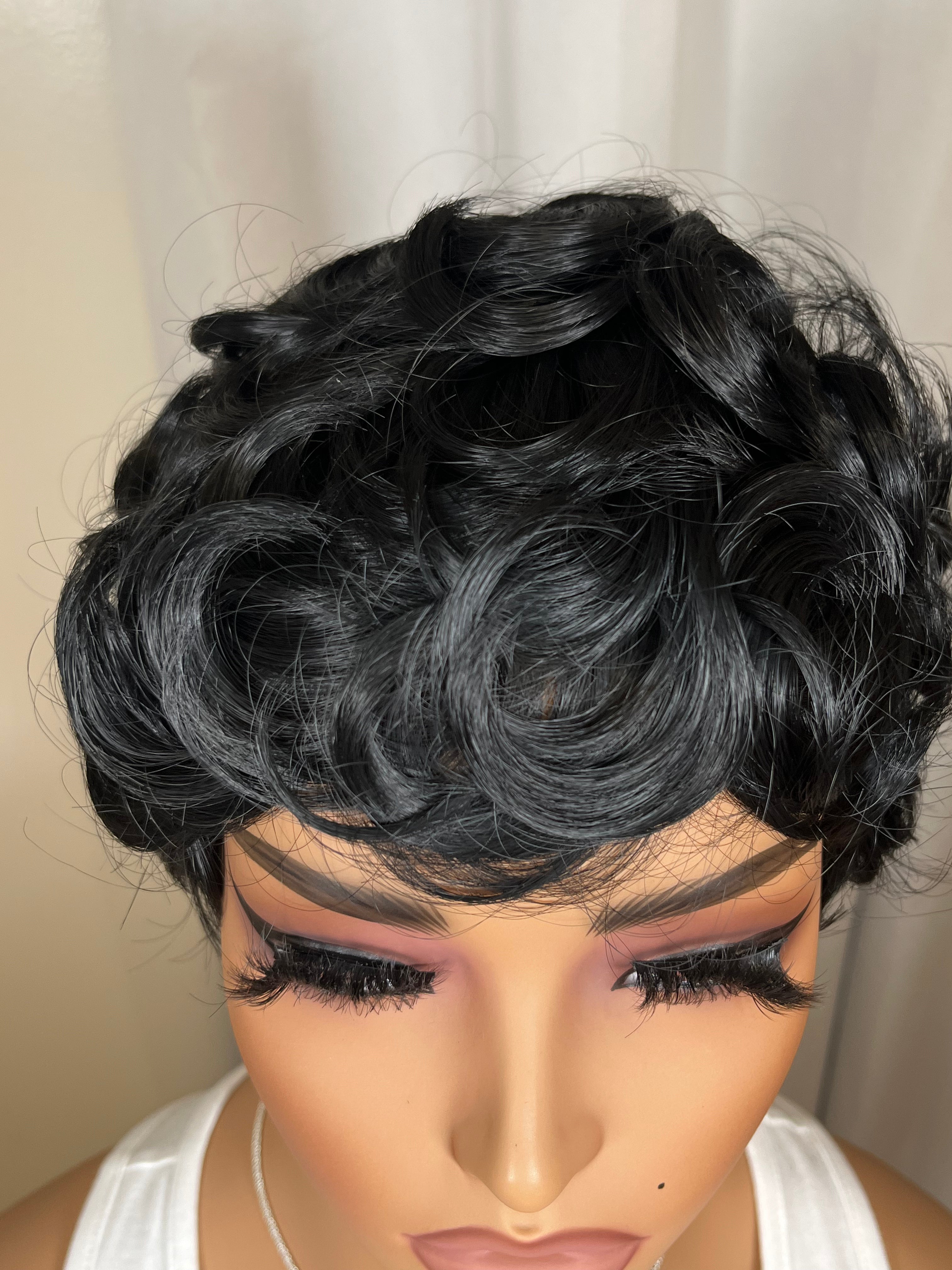 Black Pixie Cut Wig with Curly Bangs