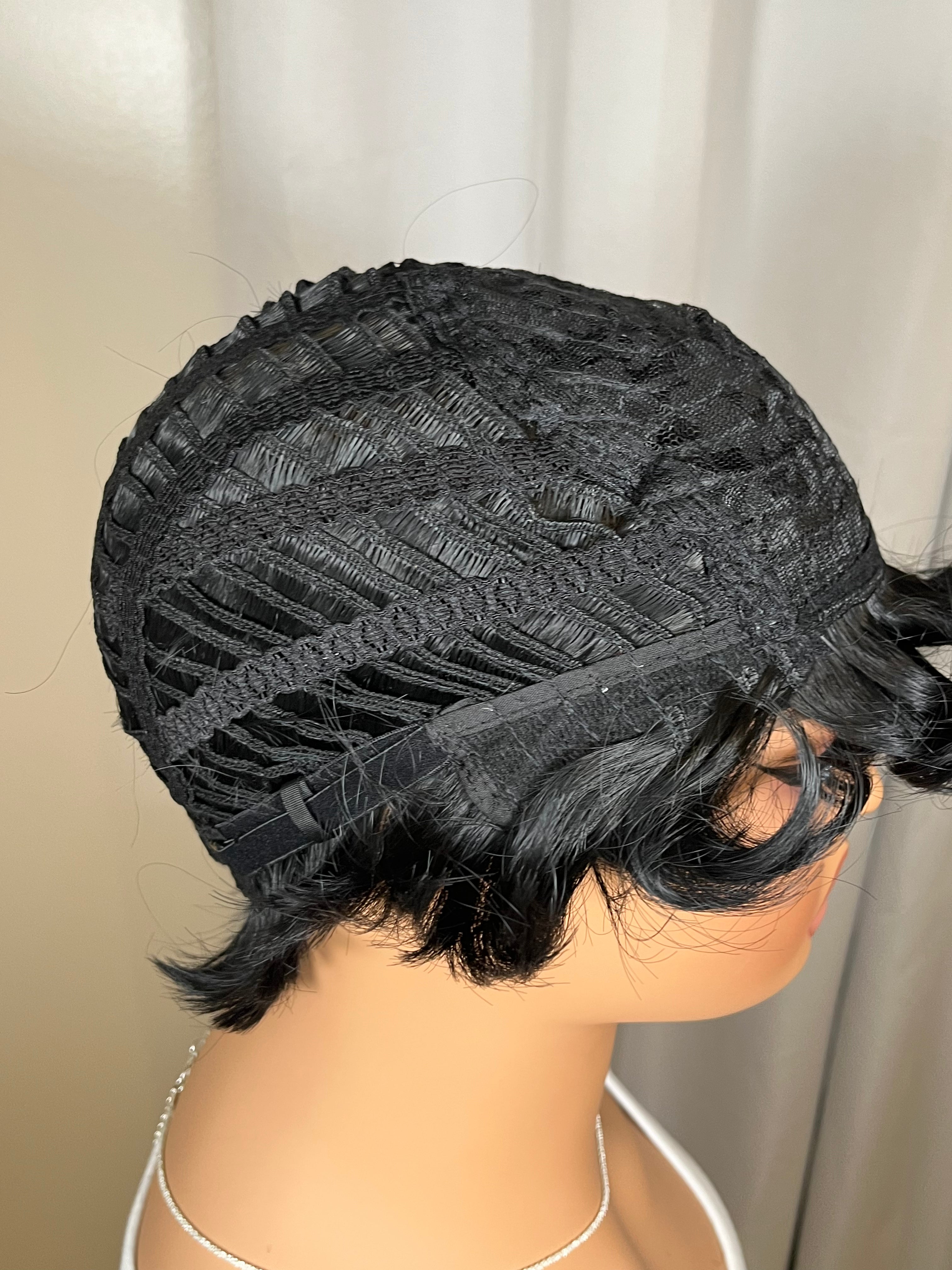 Black Pixie Cut Wig with Curly Bangs