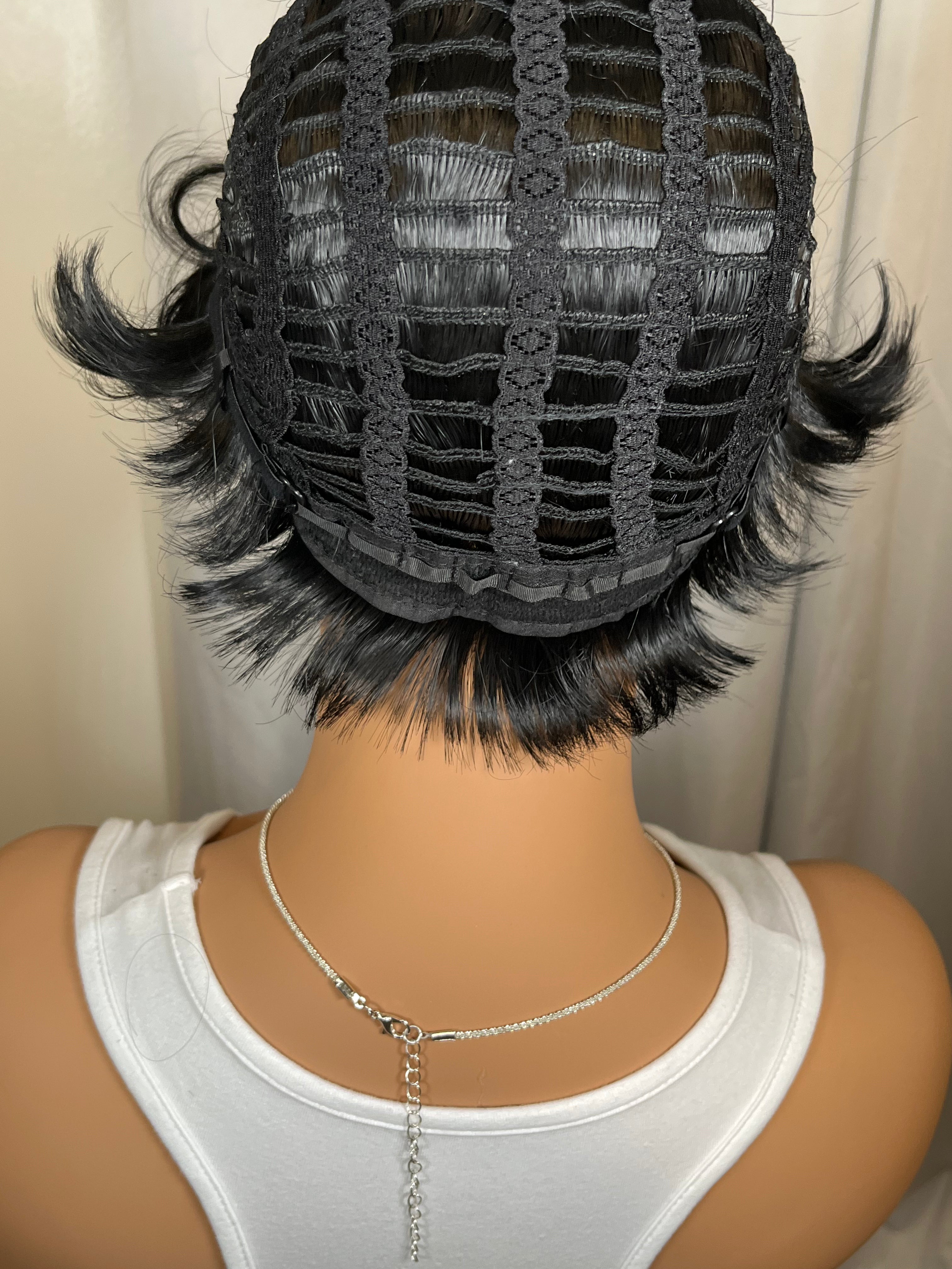 Black Pixie Cut Wig with Curly Bangs