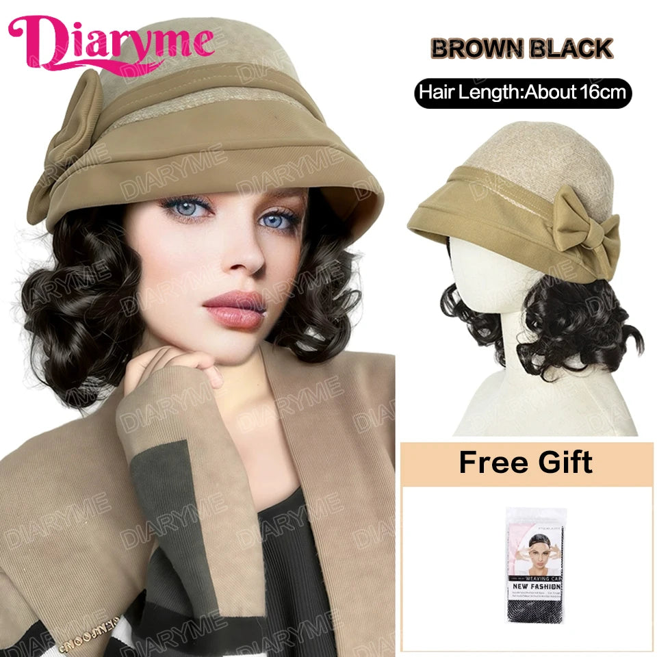 Hat Wig Women's Fashion Synthetic One-piece Bow Fisherman's Hat Wig Lazy Thick Warm Wool Short Curly Hair With Hat For Women Mom