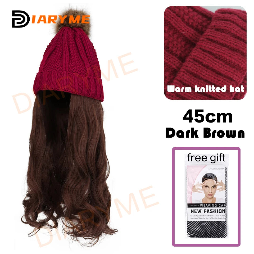 Knitted Beanie Hat Wig Synthetic Long Wavy Hair Extension Red Knitted Hat  Attached Hairpiece for Women Girls Winter warm Fake H