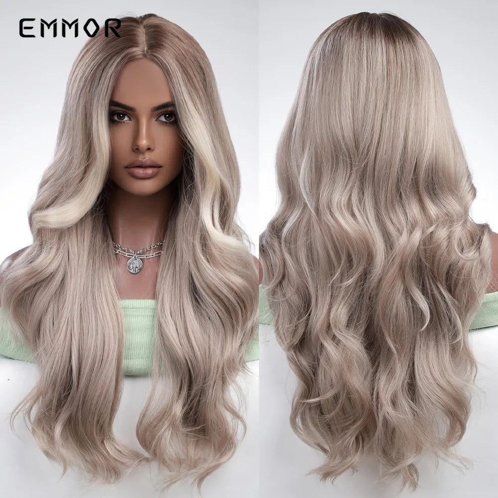 Emmor Ombre Brown Blonde Hair Wig Long Wavy Wigs for Woman Cosplay Natural Good Quality Synthetic WIg High Temperature Fiber