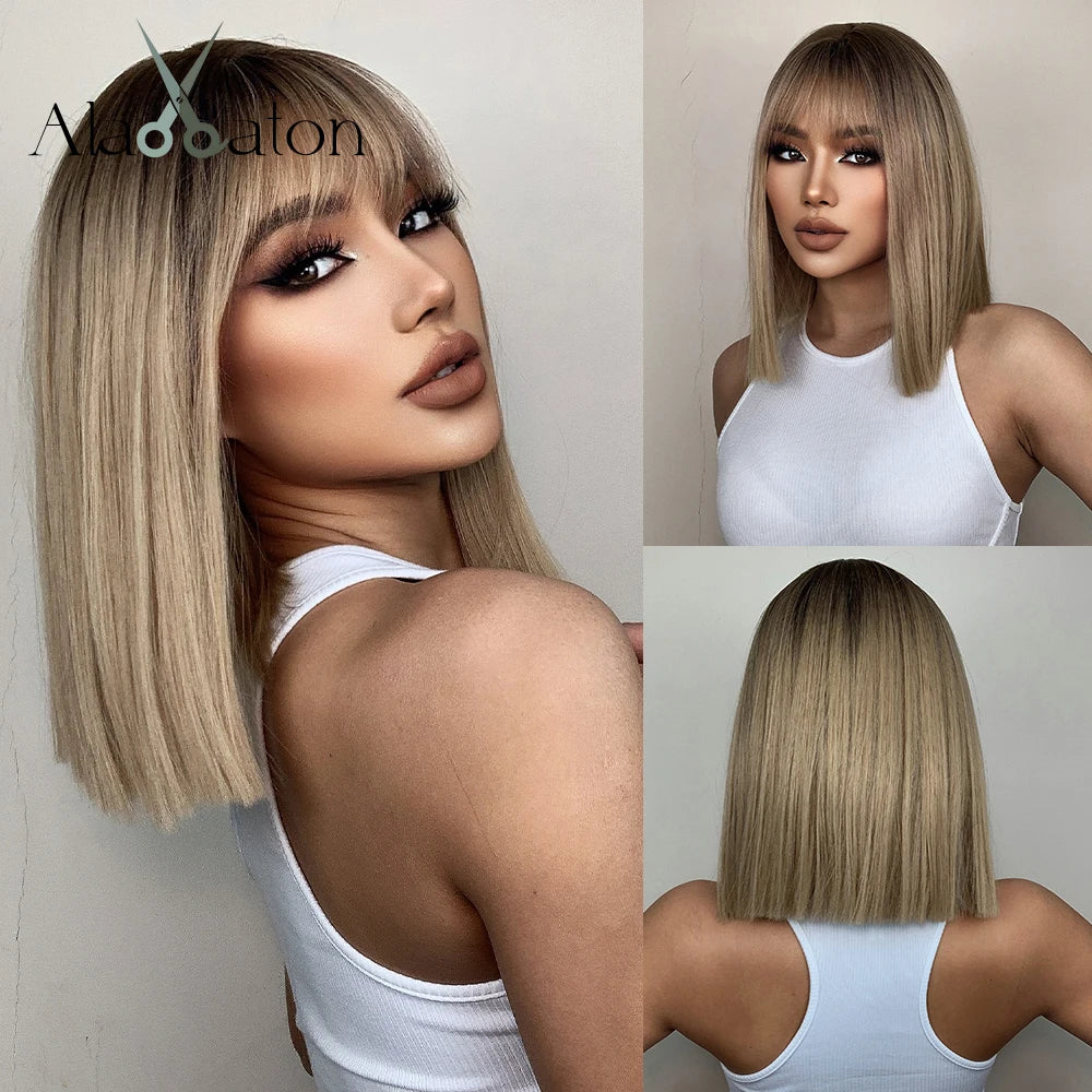 Blonde Layered Synthetic Wigs with Bangs Straight Short Highlights  Wig