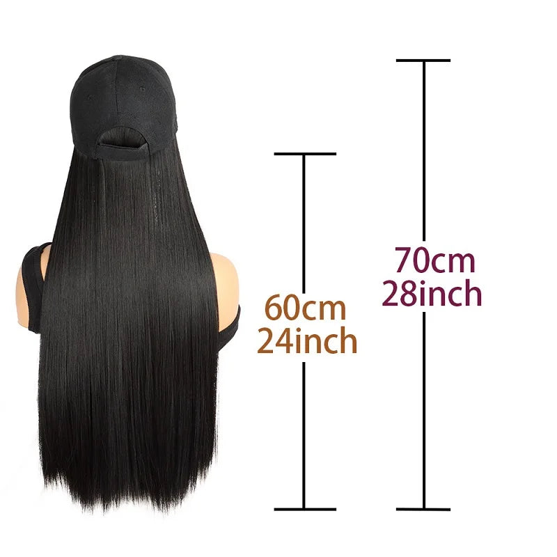 24Inch Synthetic Long Straight Baseball Hat Adjustable Wig Black Brown Hairpiece for Women