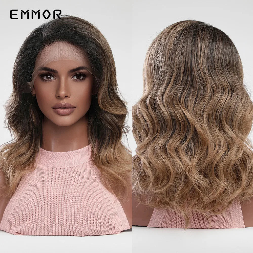 Emmor-Synthetic T-Part Lace Wig for Women, Long Wavy Ombre, Light Blonde to Brown, Fashion Side Part Nature, Daily Wigs