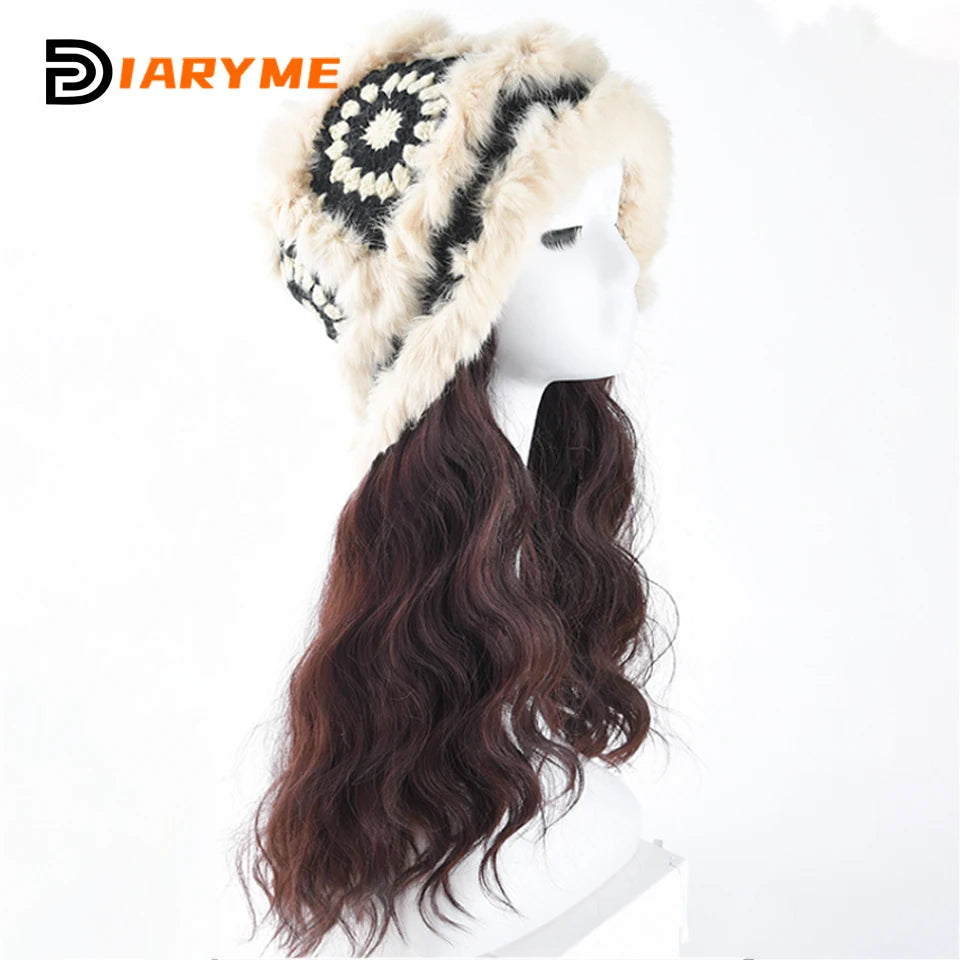 Synthetic Knitted Hat Wig Beanies Hat With Hair Wig