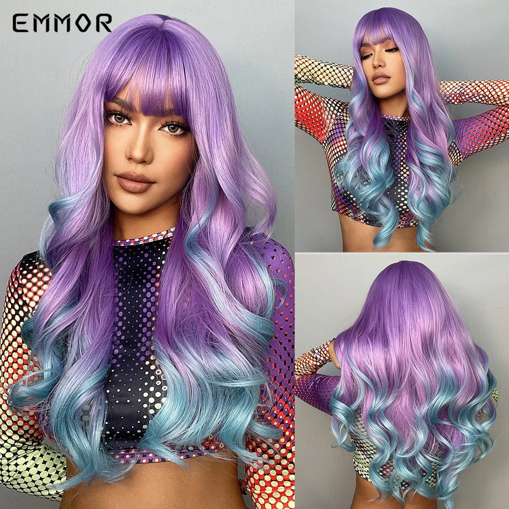 Long Wavy Wig Ombre Purple to Blue