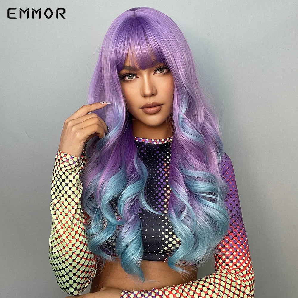 Long Wavy Wig Ombre Purple to Blue