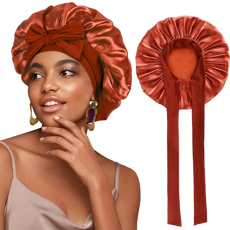 New Satin Solid Sleeping Bonnet With Stretchy Tie Band Elastic