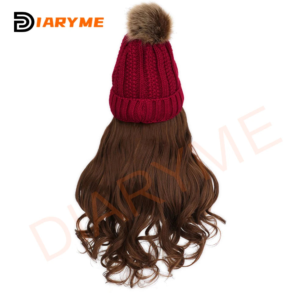 Knitted Beanie Hat Wig Synthetic Long Wavy Hair Extension Red Knitted Hat  Attached Hairpiece for Women Girls Winter warm Fake H