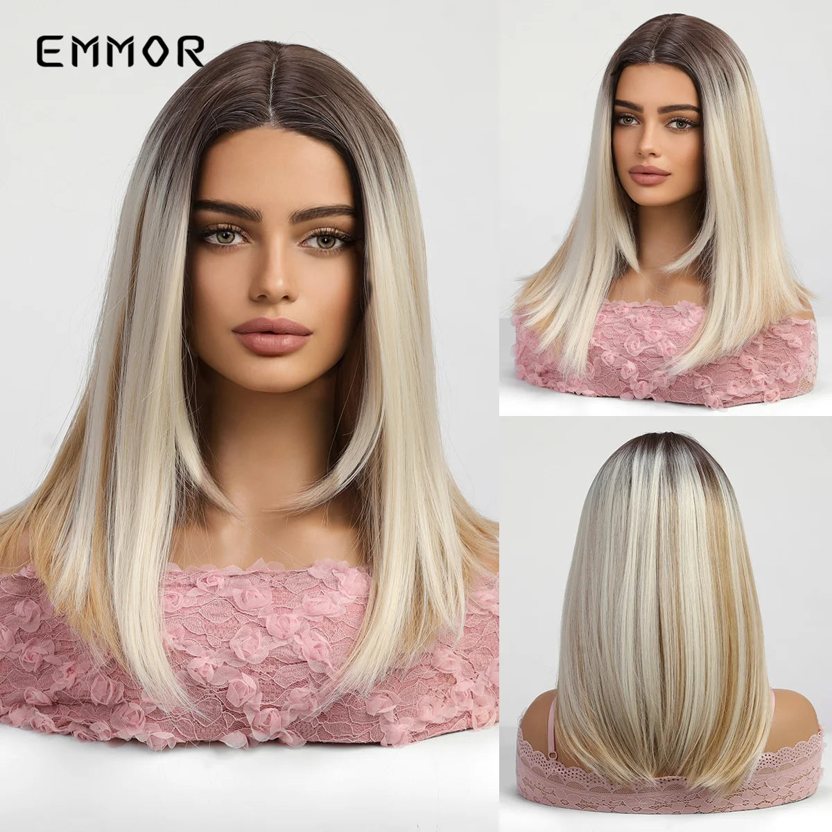 Emmor-Synthetic T-Part Lace Wig for Women, Long Wavy Ombre, Light Blonde to Brown, Fashion Side Part Nature, Daily Wigs