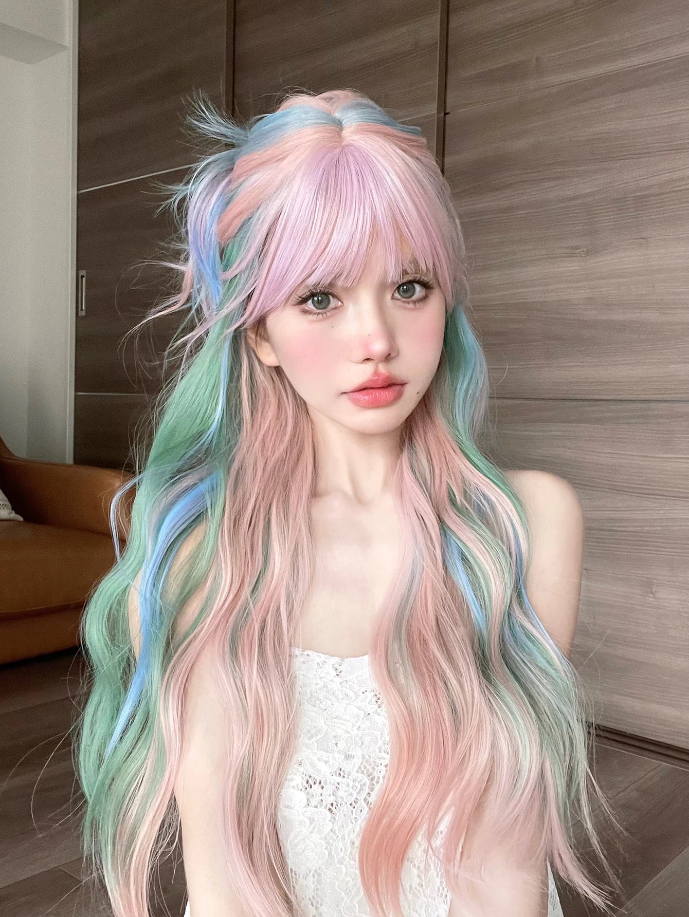 28Inch Iridescent Rainbow Color Multicolor Synthetic Wig