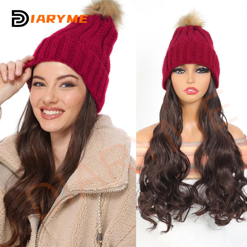 Knitted Beanie Hat Wig Synthetic Long Wavy Hair Extension Red Knitted Hat  Attached Hairpiece for Women Girls Winter warm Fake H