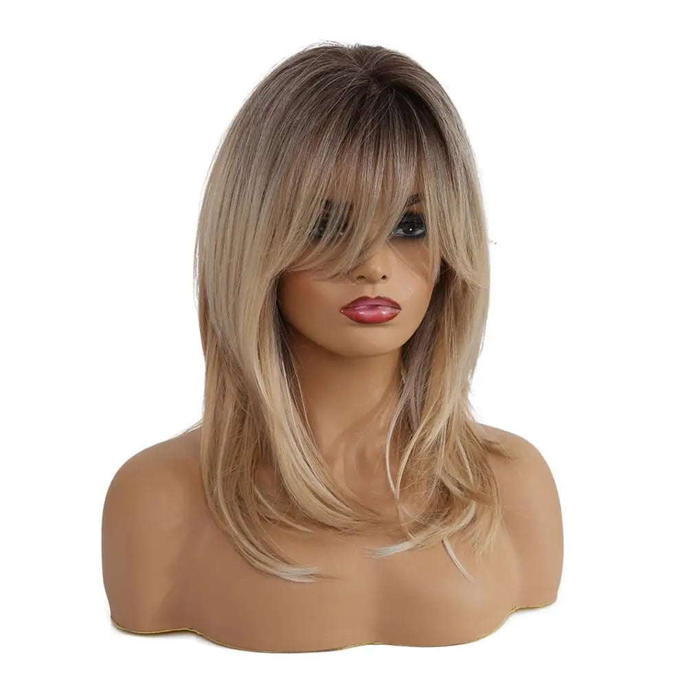 Women Synthetic Wigs Gradient Light Golden Sideswept Bangs Curly Wig Decorative Glossy Shoulder Length Hairpiece For Female