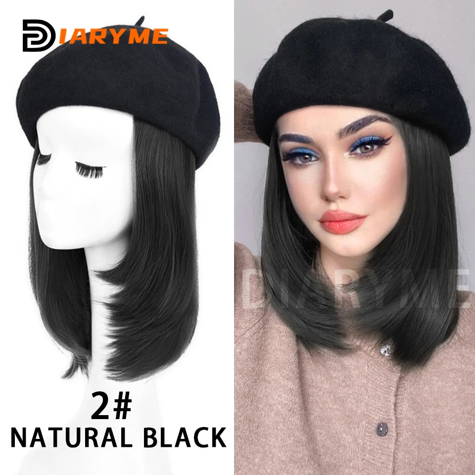 Straight Bob Hair Wig With Cap Beret Hat Wigs