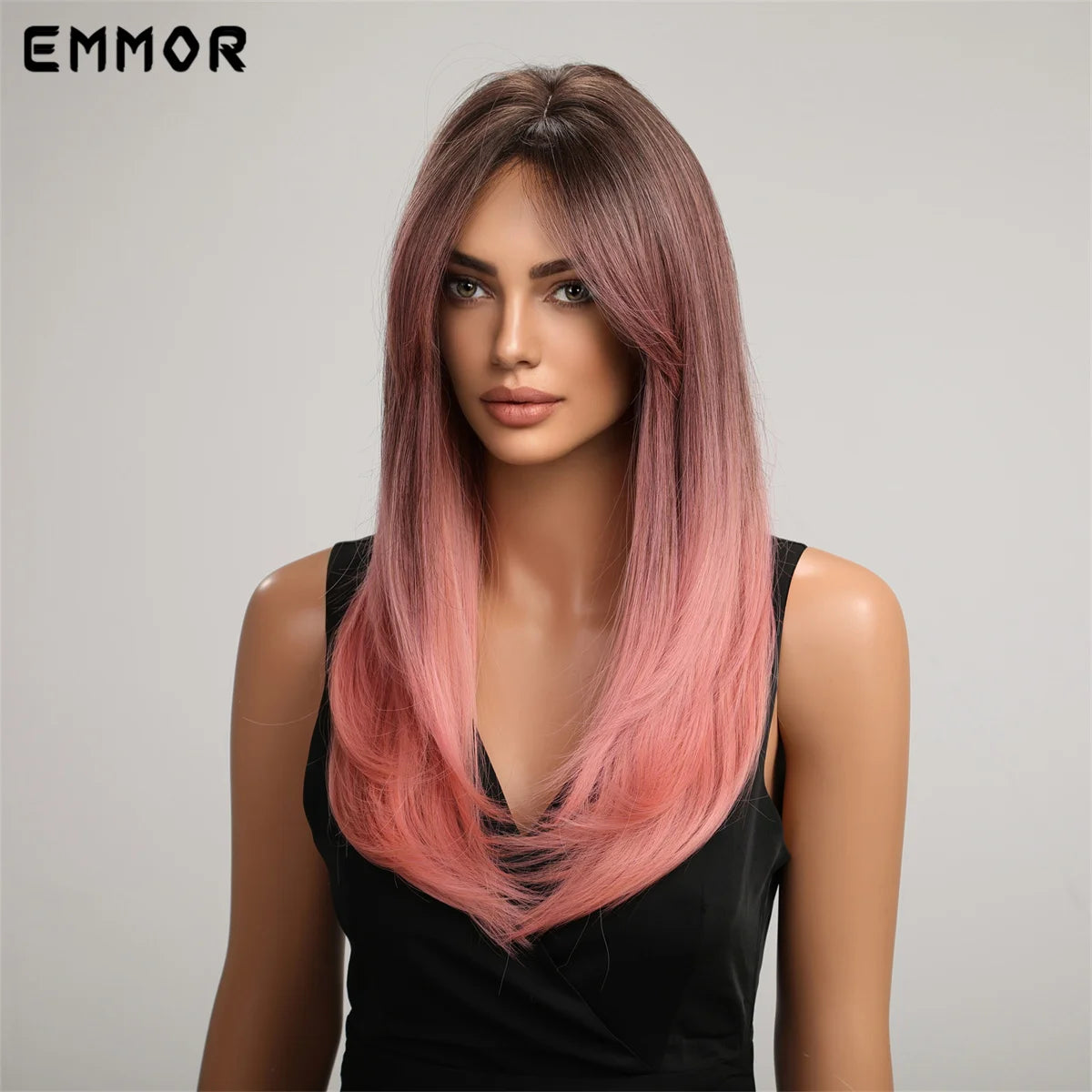Ombre Black Pink Wig With Bangs