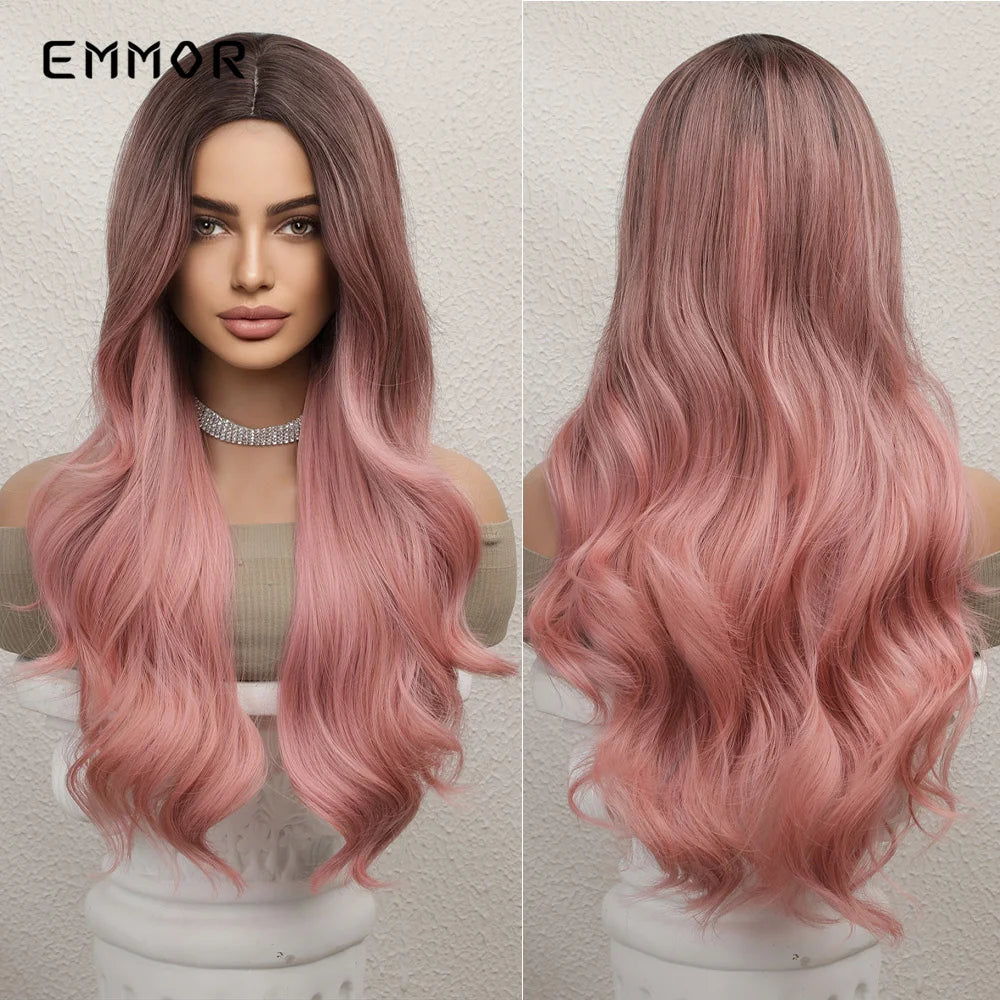 Emmor Ombre Brown Blonde Hair Wig Long Wavy Wigs for Woman Cosplay Natural Good Quality Synthetic WIg High Temperature Fiber