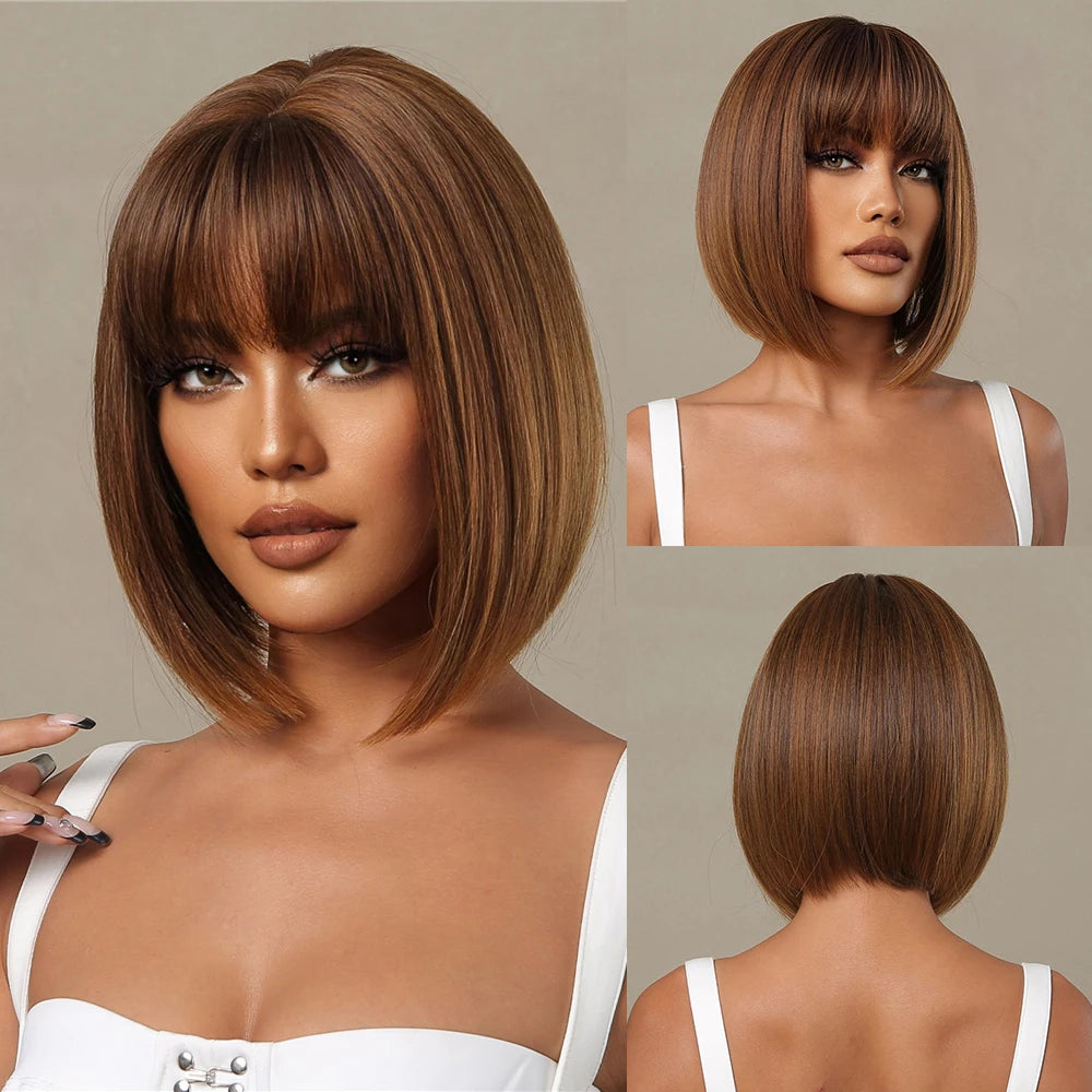 Blonde Layered Synthetic Wigs with Bangs Straight Short Highlights  Wig