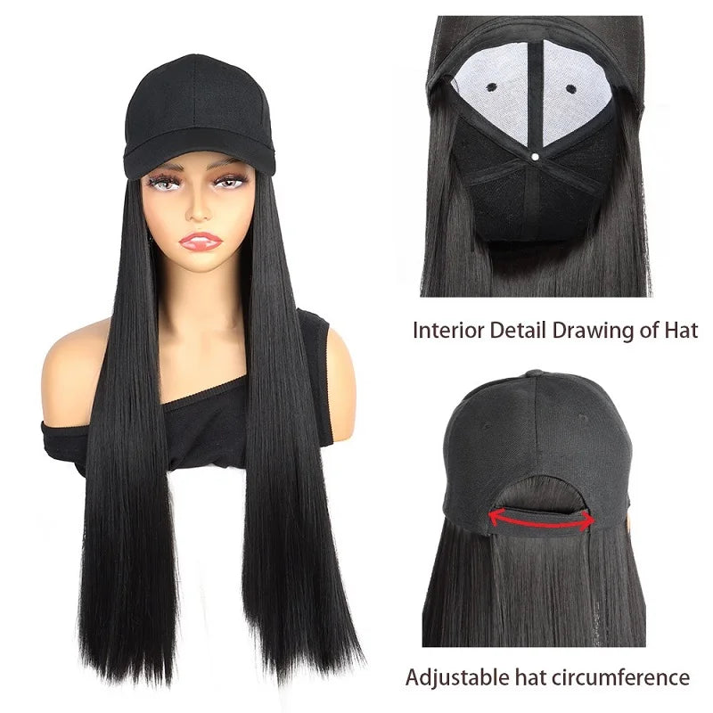 24Inch Synthetic Long Straight Baseball Hat Adjustable Wig Black Brown Hairpiece for Women