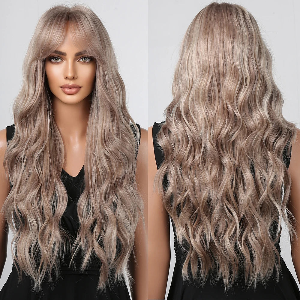 Emmor Long Wave Synthetic Wigs Ombre Brown Blonde Water Wavy Wigs With Bangs for Women Natural Heat Resistant Wig