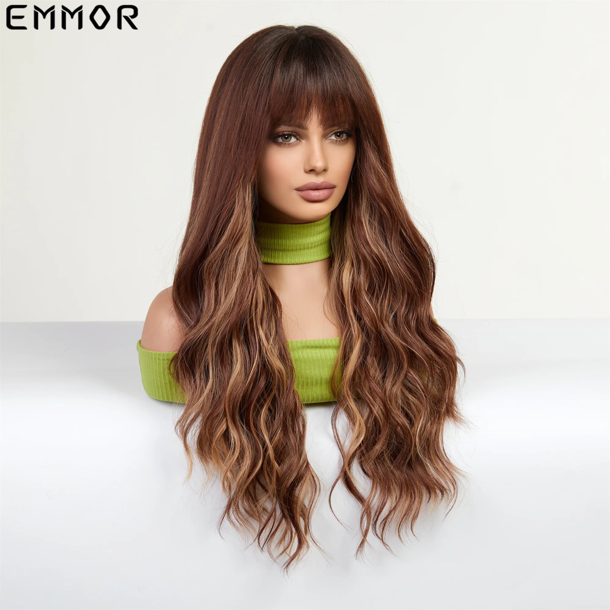 Emmor Synthetic Colorful Long Wavy Wig with Bangs for Women Cosplay Natural Highlight Brown Hair Wig High Temperature Fiber Hair