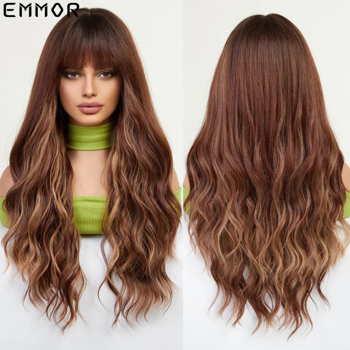 Emmor Synthetic Colorful Long Wavy Wig with Bangs for Women Cosplay Natural Highlight Brown Hair Wig High Temperature Fiber Hair