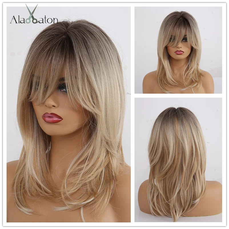 Blonde Layered Synthetic Wigs with Bangs Straight Short Highlights  Wig