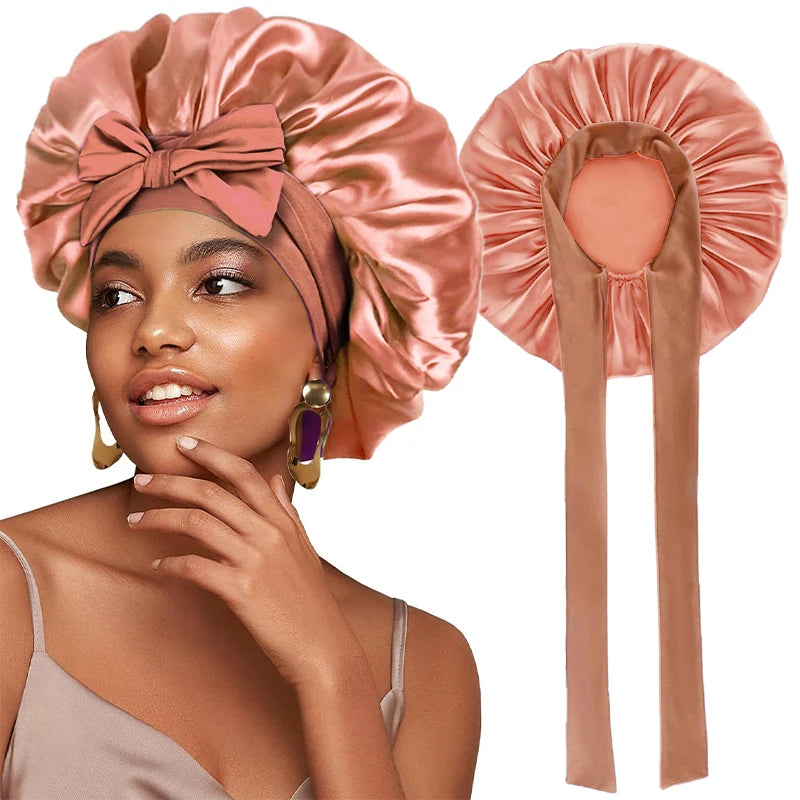 New Satin Solid Sleeping Bonnet With Stretchy Tie Band Elastic