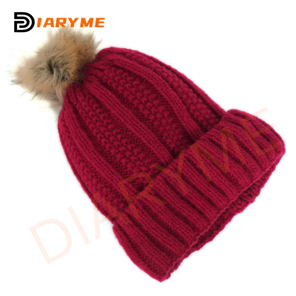 Knitted Beanie Hat Wig Synthetic Long Wavy Hair Extension Red Knitted Hat  Attached Hairpiece for Women Girls Winter warm Fake H