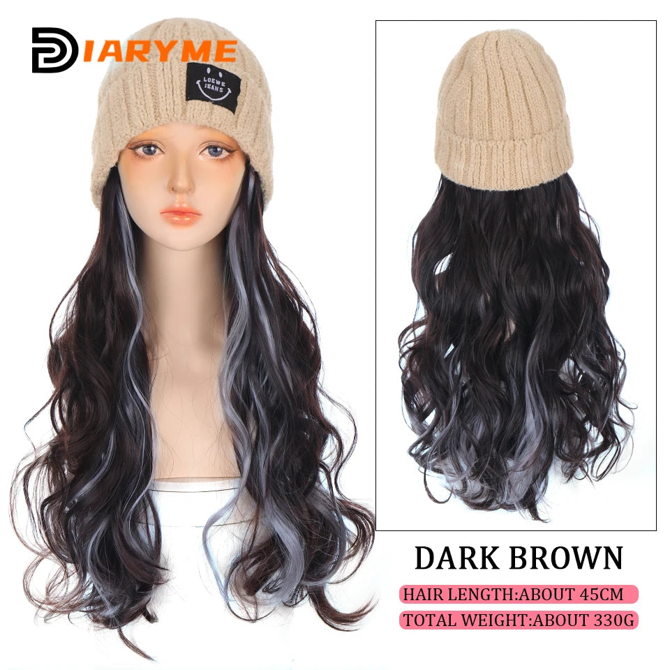 Synthetic Knitted Hat Wig Beanies Hat With Hair Wig